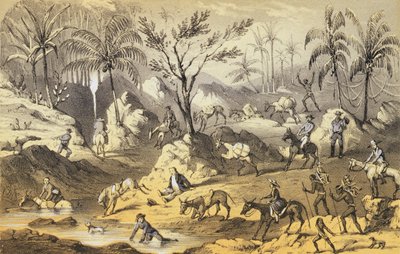 Crossing the Isthmus, Frank Marryatin teoksesta "Mountains and Molehills or Recollections of a Burnt Journal", kaiverrettu J. Brandard, julkaistu 1855 tekijältä Francis Samuel Marryat